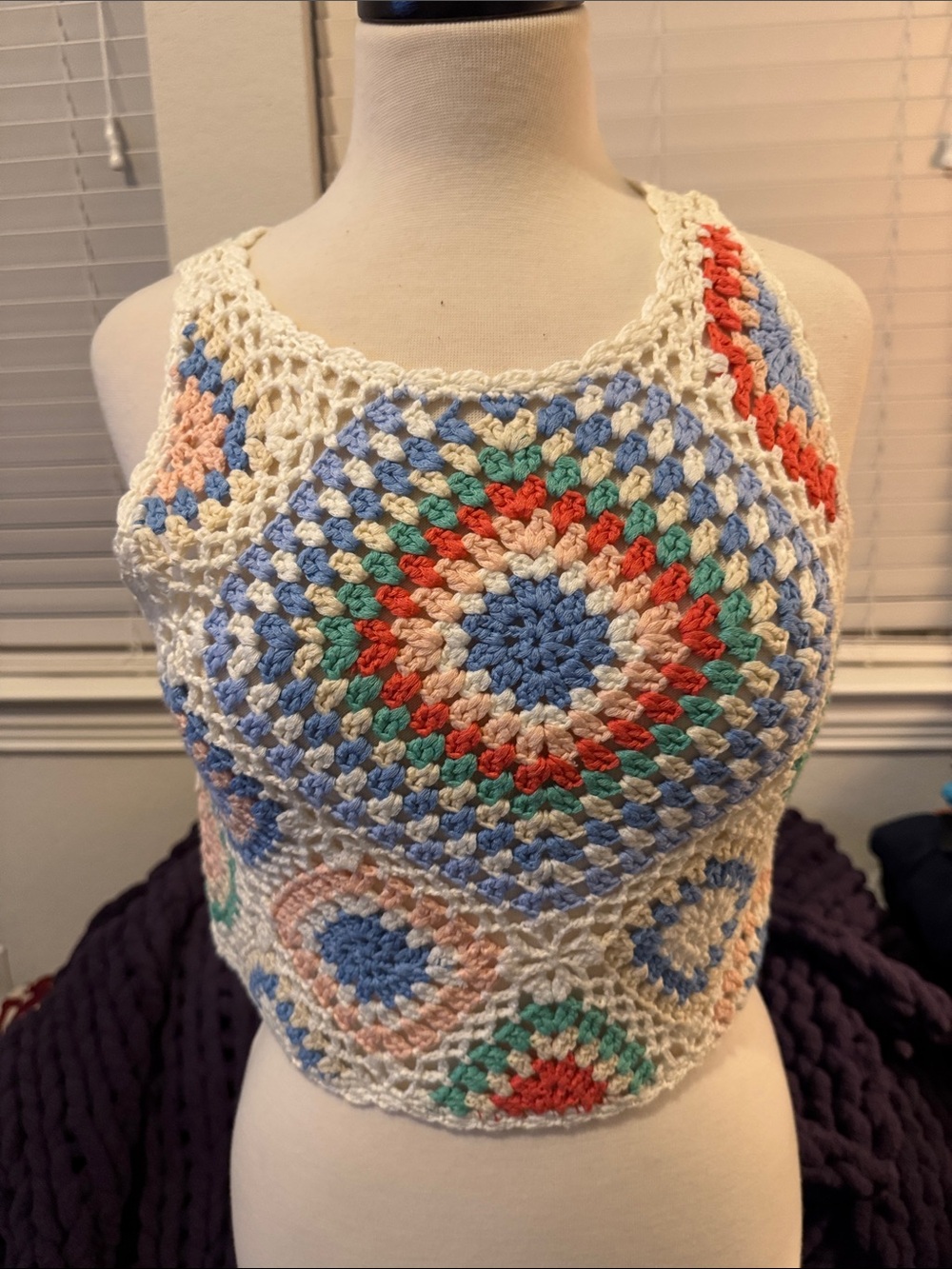 Altar'd State Cream Crochet Multicolor Granny-Square Crop Top